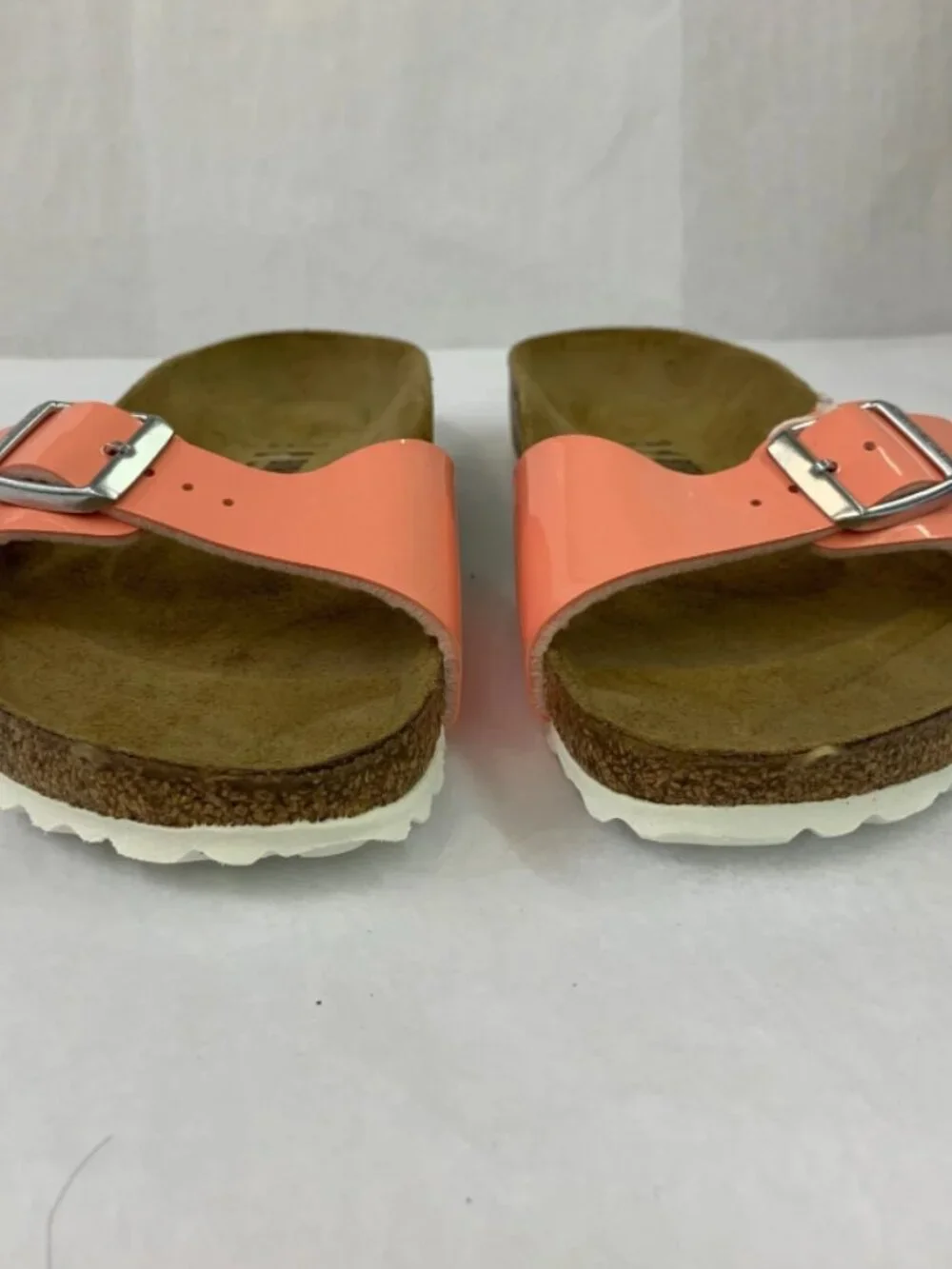 Birkenstock Madrid Patent Coral Peach Birko-Flor Silver Buckle Narrow Width